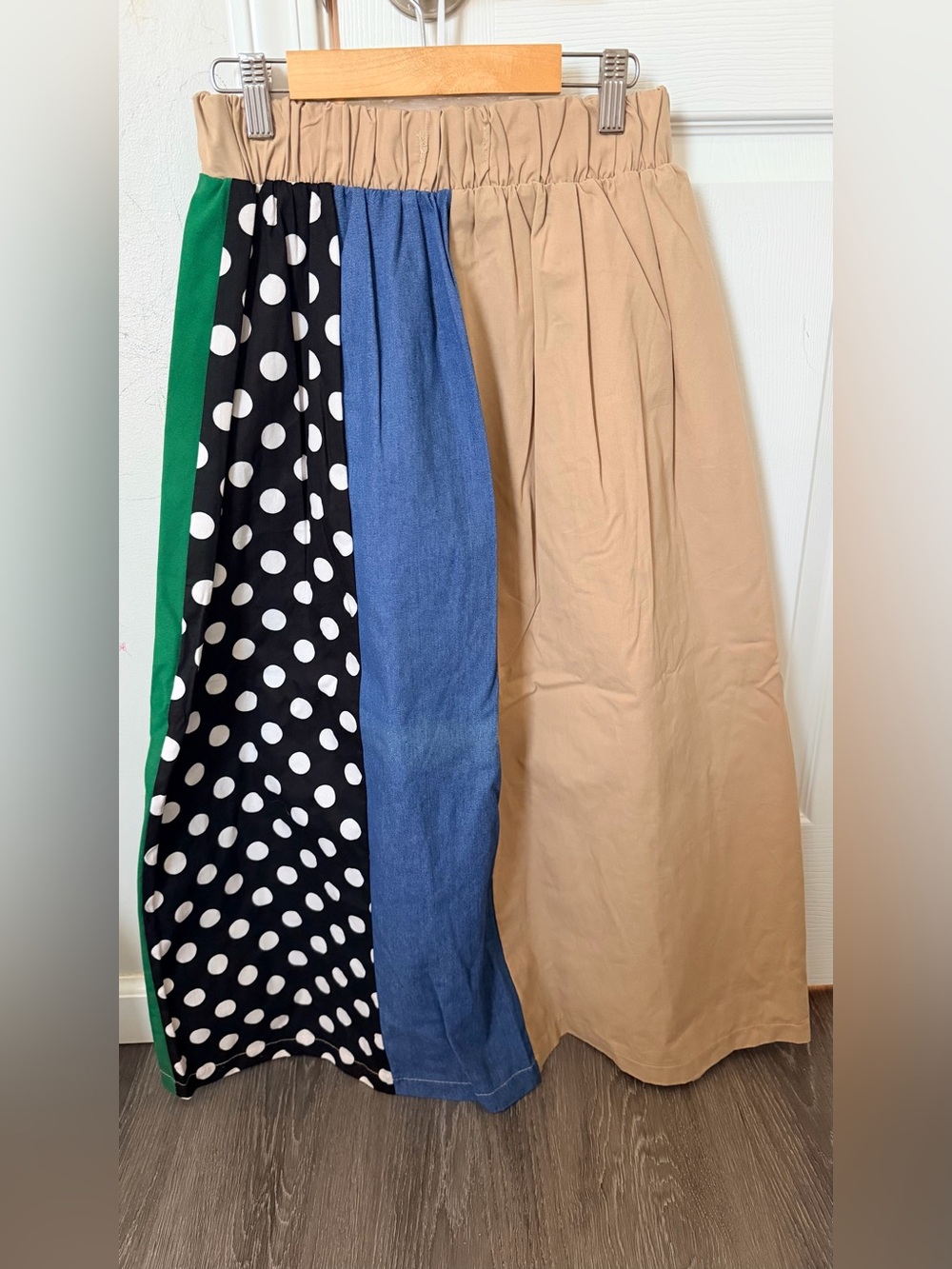 NWOT/Mixed-Panel Midi Skirt in Beige, Blue, Green & Black Polka Dot